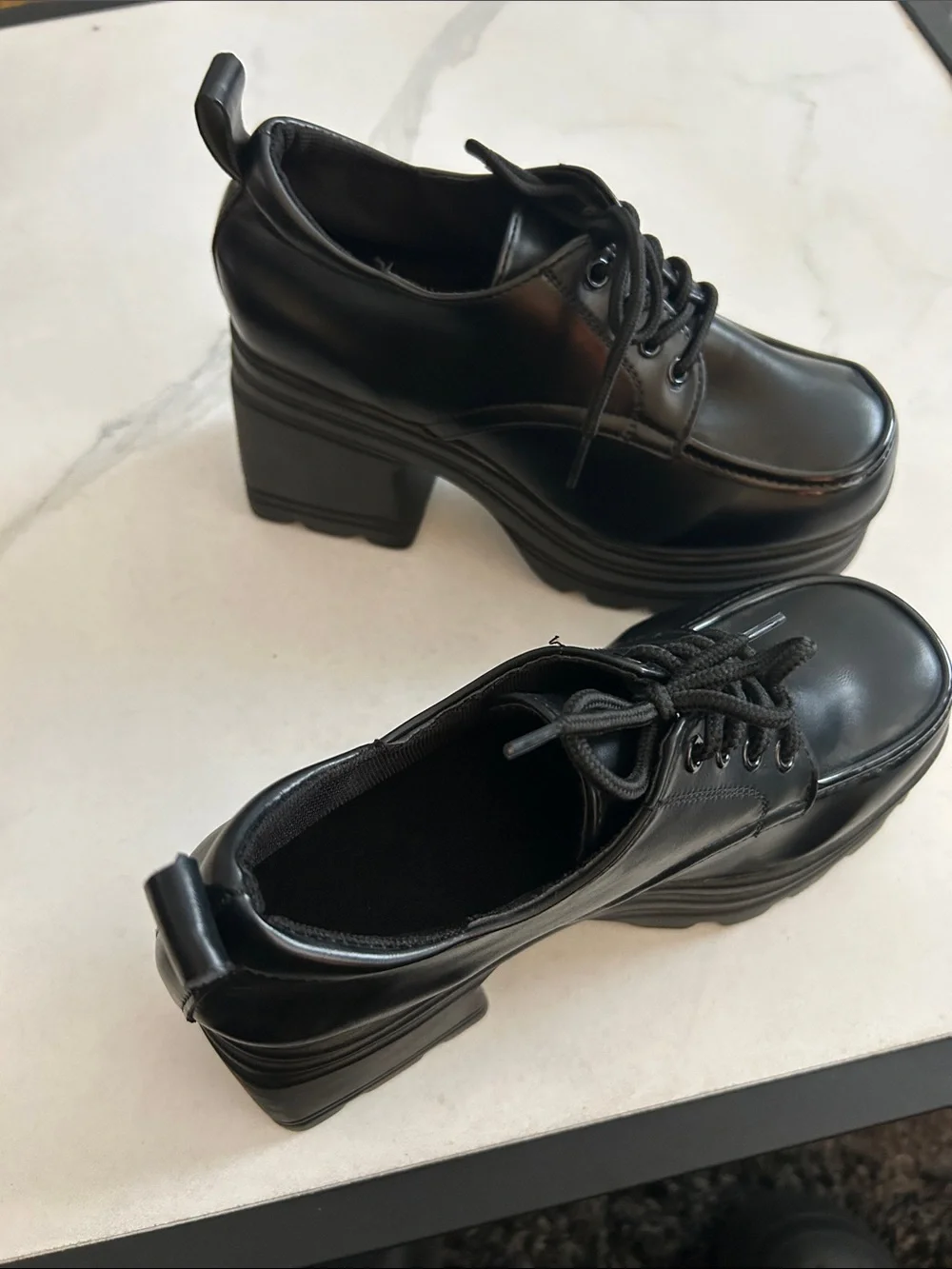 Chunky Black Platform Lace-Up Heels for Women Size 7.5